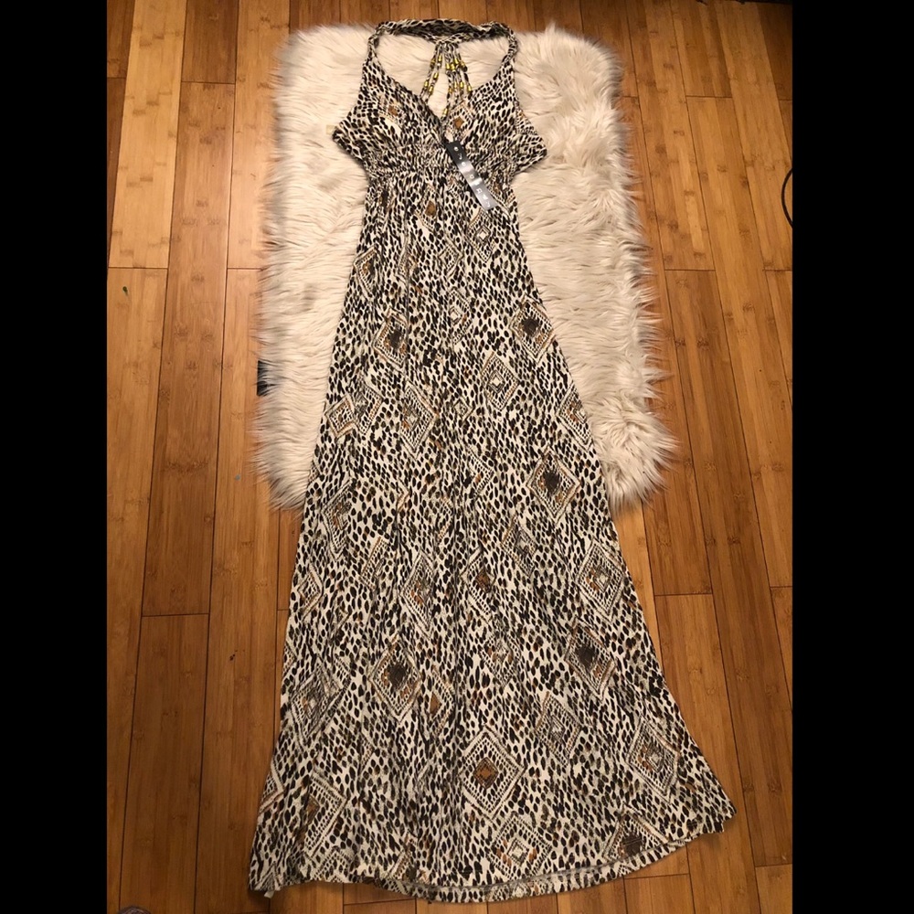 Eye Candy Boho Cheetah Animal Print Open Back Halter Maxi Women Dress, Size L